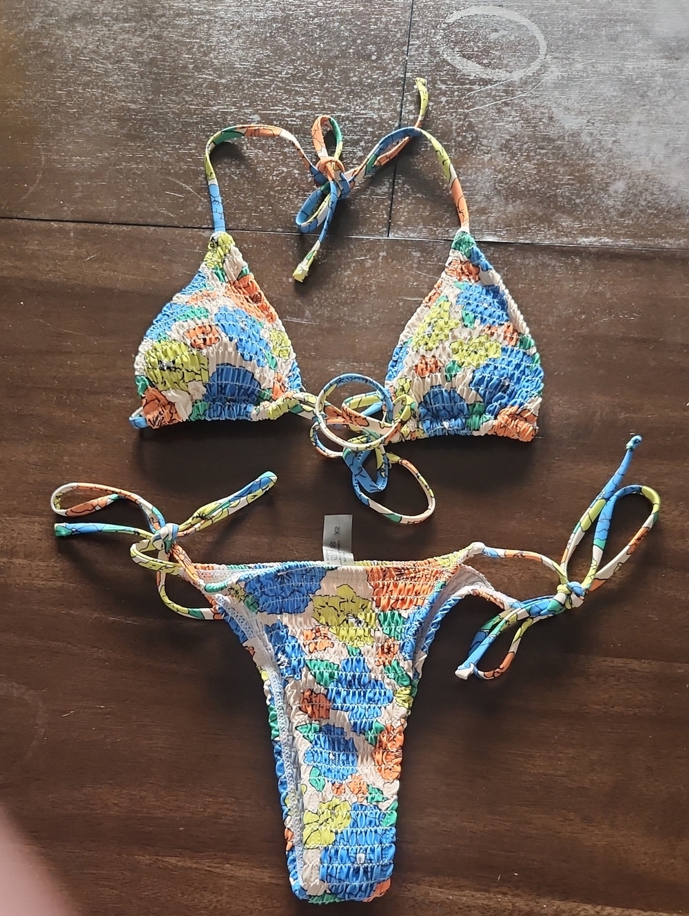 Smocked Floral Triangle Bikini Set in Blue, Orange, Yellow